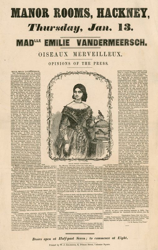 Anuncio de la aparición de Mademoiselle Emilie Vandermeersch, Oiseaux Merveilleaux en Manor Rooms, Hackney, Londres de English School