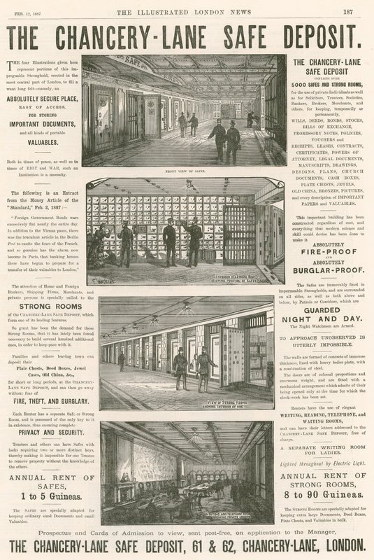 Publicidad del Depósito Seguro de Chancery Lane, 61-62 Chancery Lane, Londres de English School