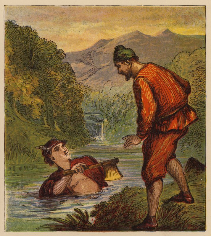 Fábulas de Esopo: Mercurio y el leñador (litografia en color) de English School