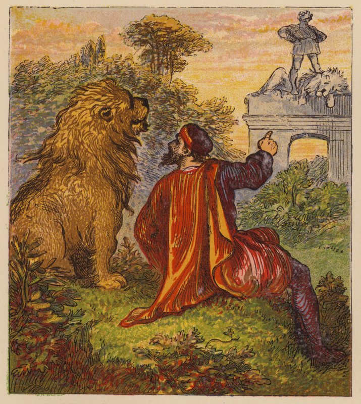 Fábulas de Esopo: El hombre y el león (litografia en color) de English School