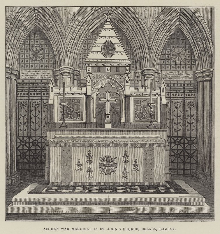 Memorial de la Guerra Afgana en la Iglesia de San Juan, Colaba, Bombay (grabado) de English School