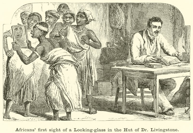 Africanos viendo un espejo por primera vez en la cabaña del Dr. Livingstone de English School