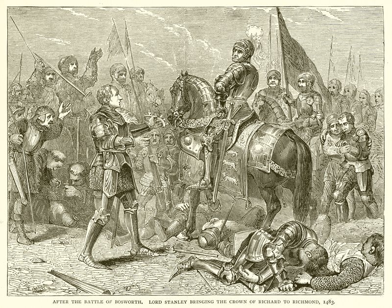 Después de la batalla de Bosworth. Lord Stanley llevando la corona de Ricardo a Richmond, 1483 de English School