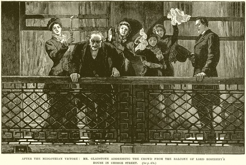Después de la victoria de Midlothian: El Sr. Gladstone dirigiéndose a la multitud desde el balcón de la casa de Lord Rosebery en George Street de English School