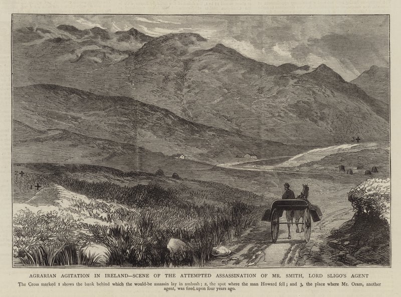 Agitación agraria en Irlanda, escena del intento de asesinato del Sr. Smith, agente de Lord Sligo de English School