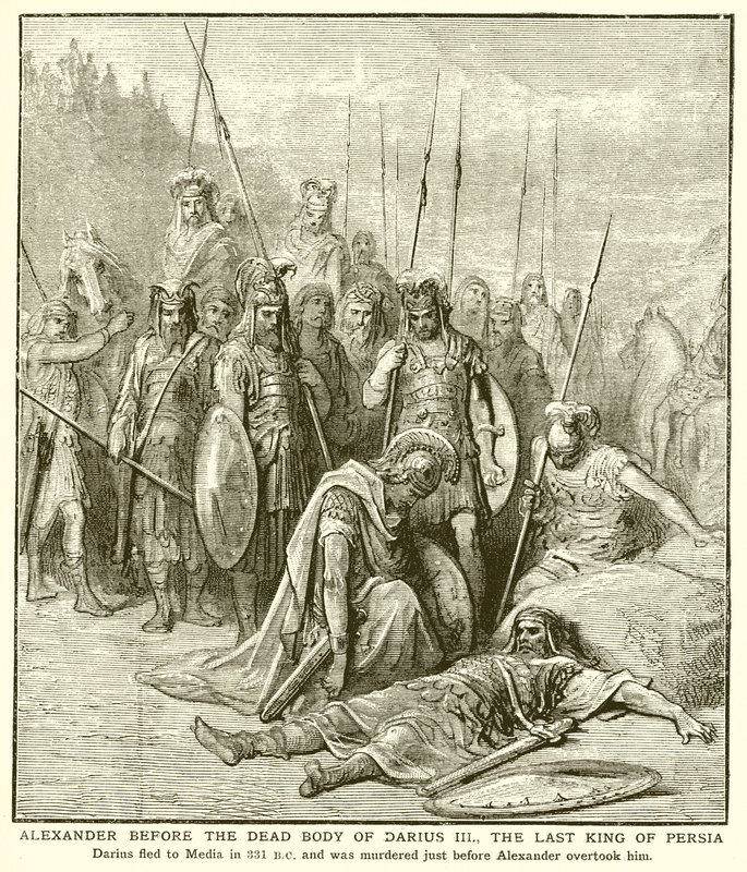 Alejandro ante el cuerpo muerto de Darío III, el último rey de Persia de English School
