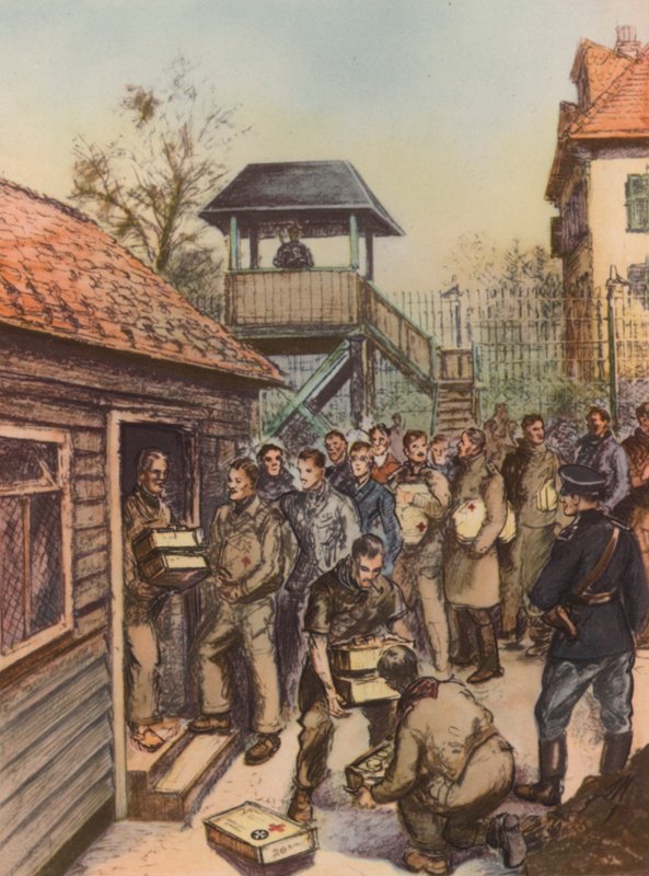 Prisioneros de guerra aliados recibiendo paquetes de la Cruz Roja en un campo de prisioneros alemán, Segunda Guerra Mundial de English School
