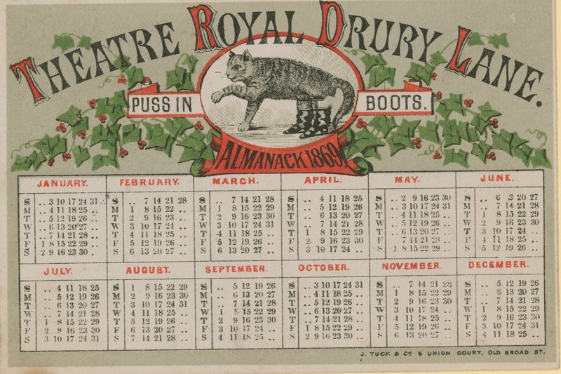 Almanaque de 1869, emitido por el Teatro Real Drury Lane de English School