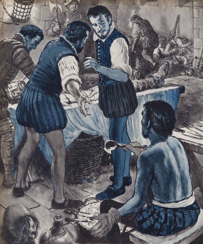 Ambroise Pare, cirujano militar, cuando se acabó el petróleo (litografía) de English School