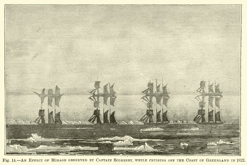 Un efecto de espejismo observado por el Capitán Scoresby, mientras navegaba frente a la costa de Groenlandia en 1822 de English School