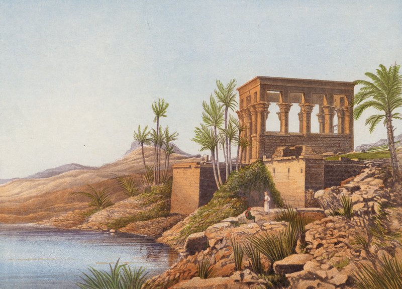 Un templo egipcio, junto al río Nilo, Philae (litografía en color) de English School