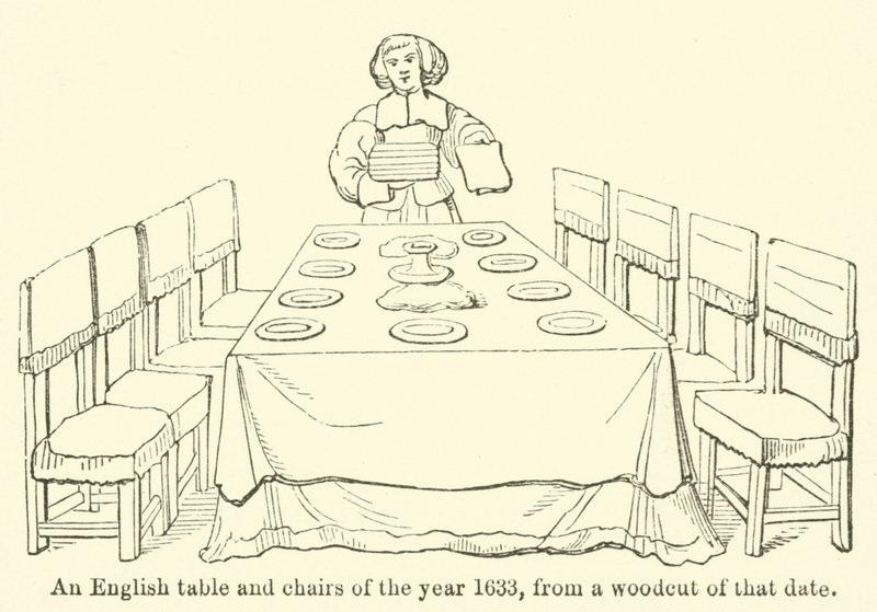 Mesa y sillas inglesas del año 1633, de un grabado en madera de esa fecha (grabado) de English School