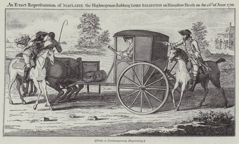 Representación exacta de Maclaine el bandolero robando al Lord Eglington en Hounslow Heath el 26 de junio de 1750 de English School
