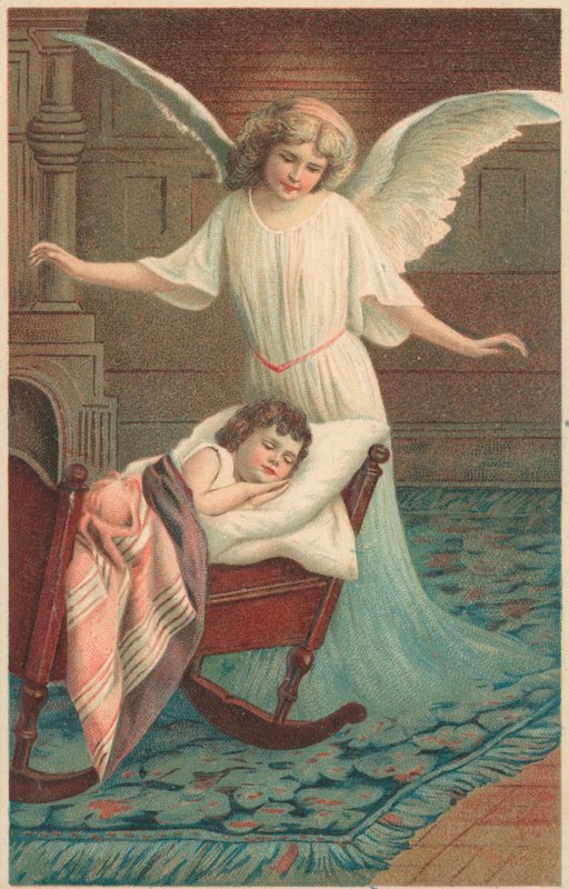 Un ángel de pie sobre un niño durmiendo en una cuna de English School