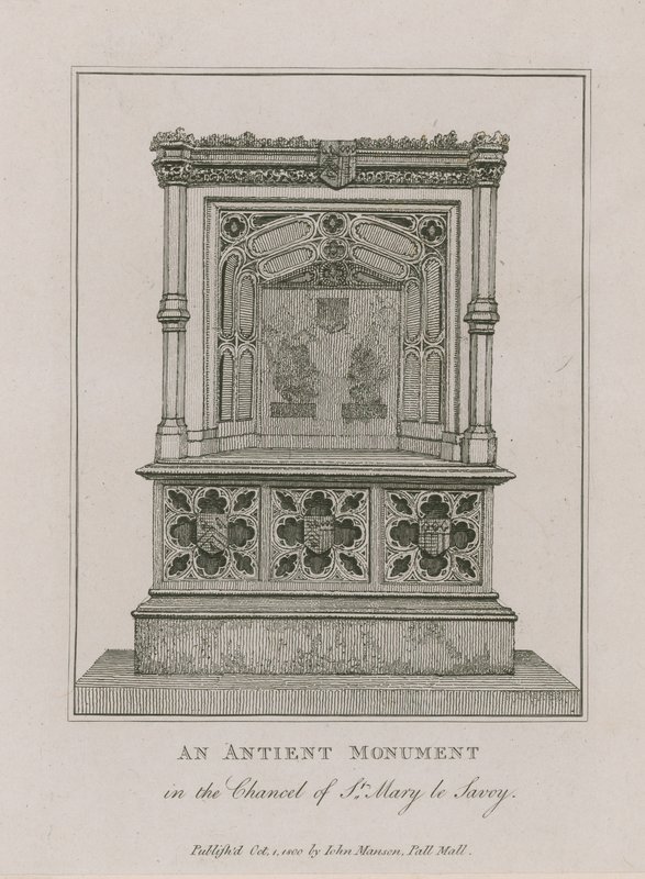 Un antiguo monumento en el presbiterio de St Mary le Savoy de English School