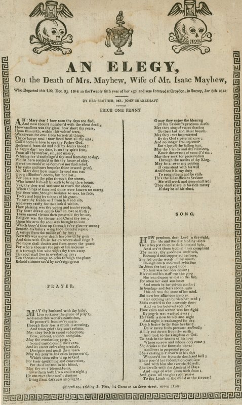 Una elegía por la muerte de la Sra. Mayhew, esposa del Sr. Isaac Mayhew de English School