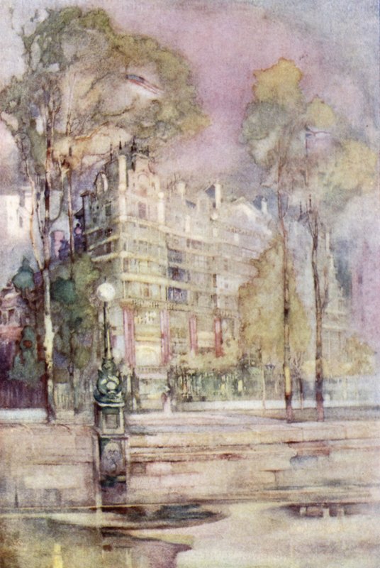 Una vista impresionista del frente del río del Hotel Savoy (litografía en color) de English School
