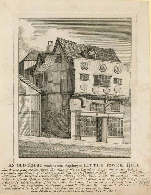 Una casa antigua que aún está en pie en Little Tower Hill, Londres de English School