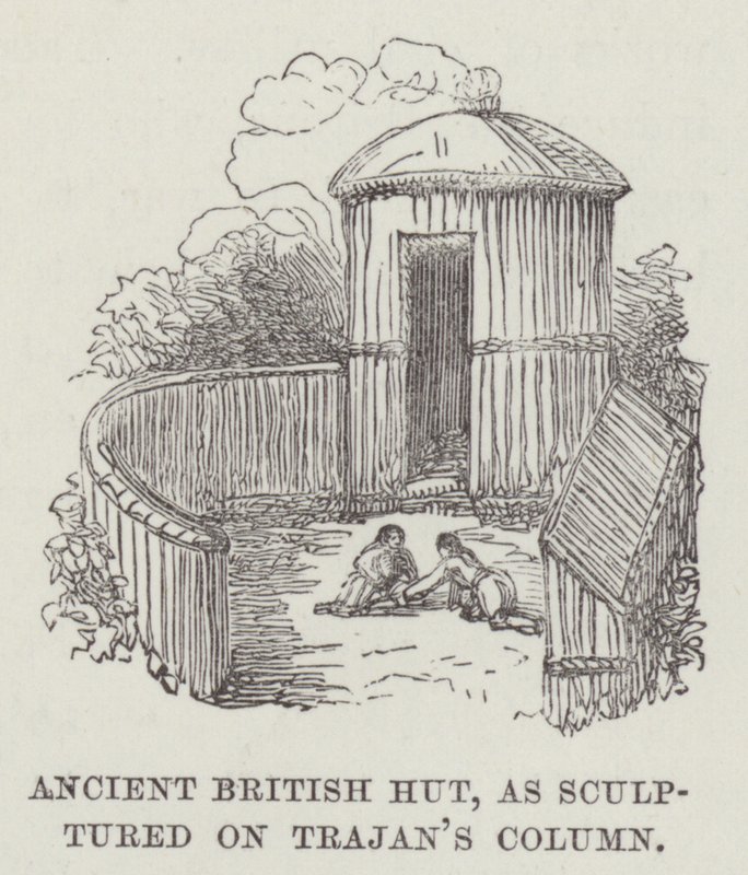 Cabaña británica antigua, esculpida en la Columna de Trajano (grabado) de English School