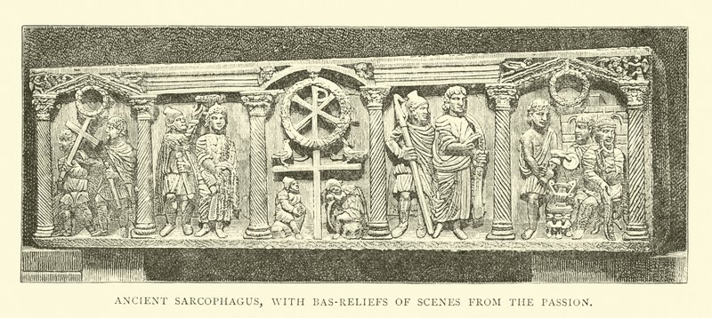 Sarcófago antiguo, con bajorrelieves de escenas de la Pasión de English School