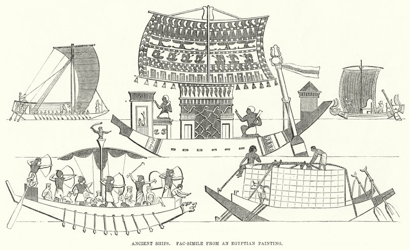Barcos antiguos, facsímil de una pintura egipcia (grabado) de English School