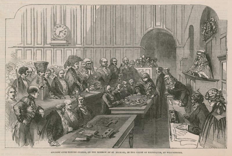 Antigua costumbre cívica de tenencia, en el espejo de San Miguel, en la Corte de la Hacienda, en Westminster de English School