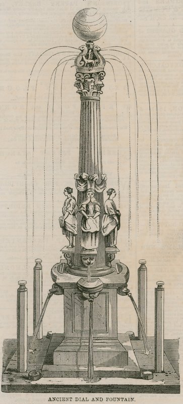 Reloj de sol y fuente antiguos, erigidos en 1656 en Leadenhall Corner, Londres de English School