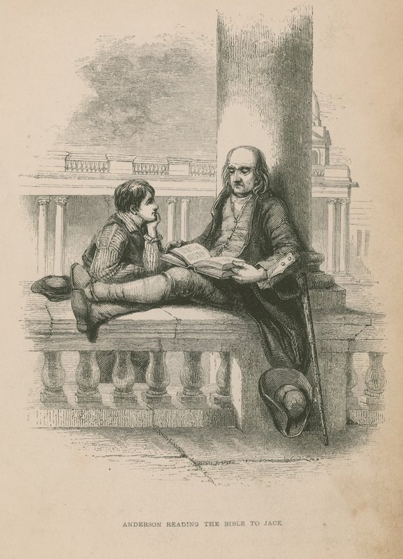 Anderson leyendo la Biblia a Jack; ilustración de Poor Jack por Frederick Marryat de English School