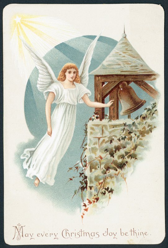 Ángel flotando junto a la campana de la iglesia, Tarjeta de Navidad de English School