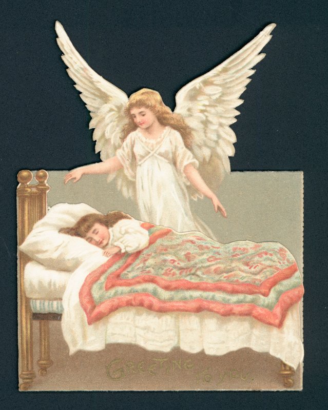 Ángel vigilando a una niña dormida en la cama, recorte victoriano de English School
