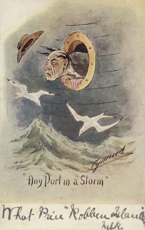 "Any Port in a Storm" (litografía en color) de English School
