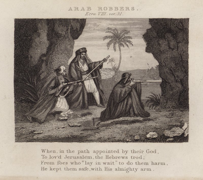 Ladrones árabes, Esdras VIII, ver 31 (grabado) de English School