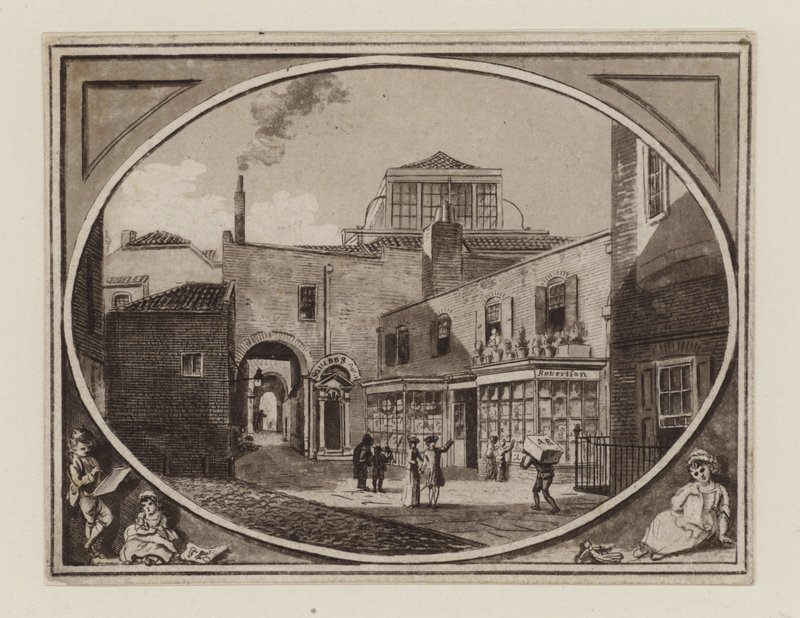 Archibald Roberton, vendedor de impresiones, de Savill Row Passage, junto a la sala de subastas de Squibs, circa 1790 de English School