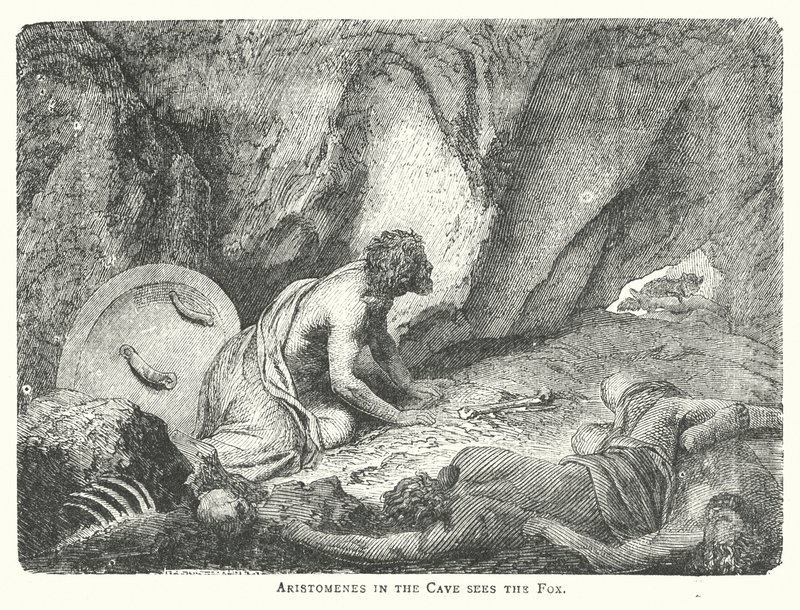 Aristomenes en la cueva ve al zorro (grabado) de English School