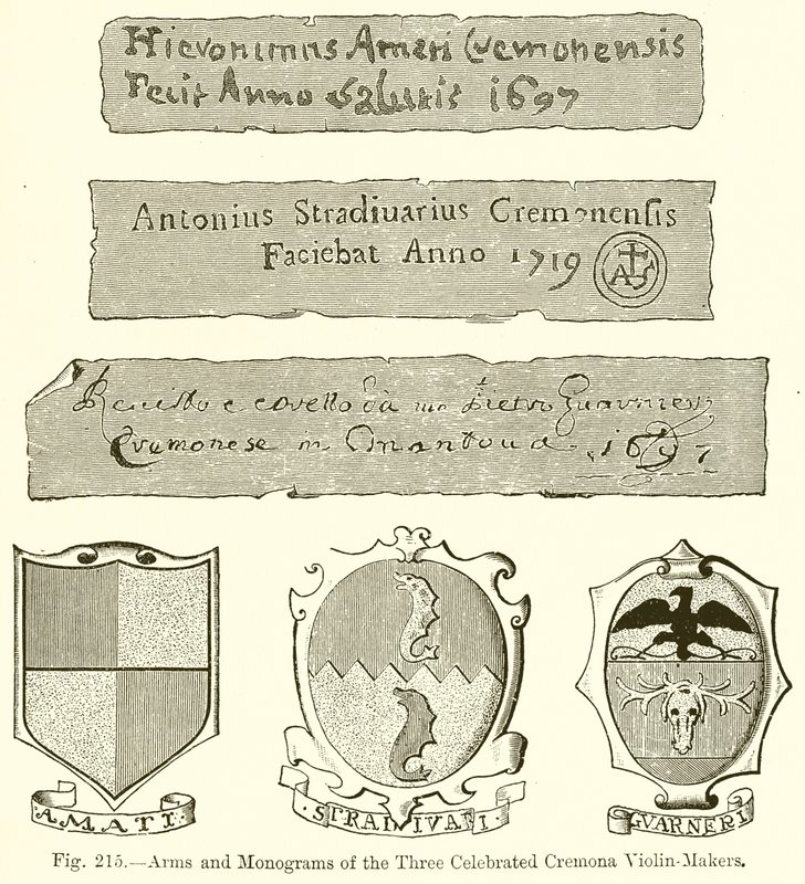 Armas y monogramas de los tres célebres fabricantes de violines de Cremona de English School