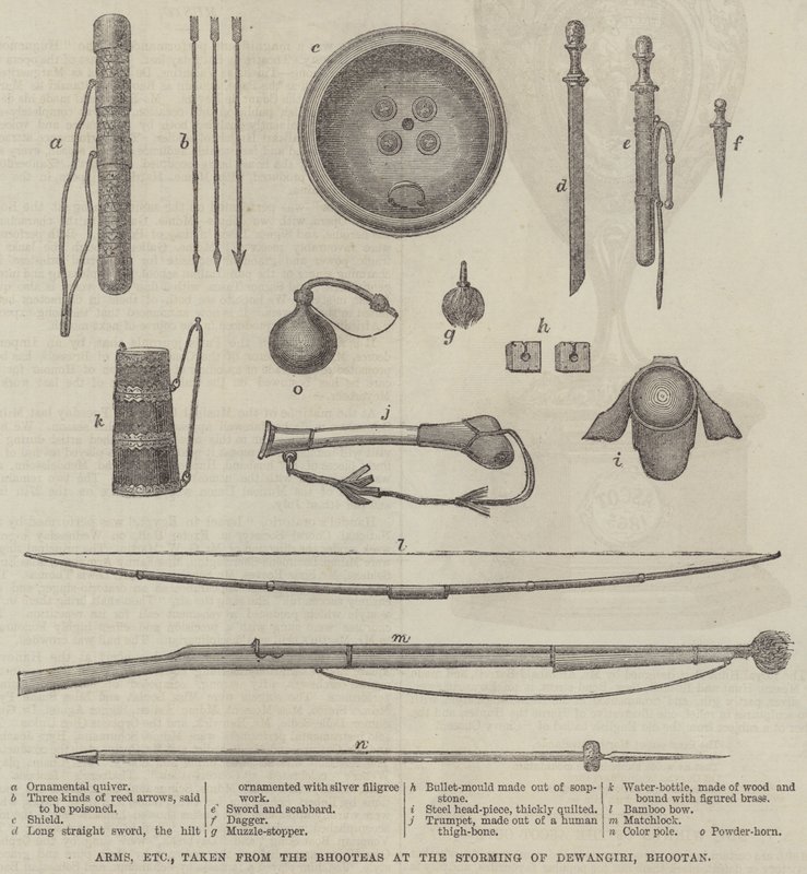 Armas, etc., tomadas de los Bhooteas en el asalto de Dewangiri, Bhootan de English School