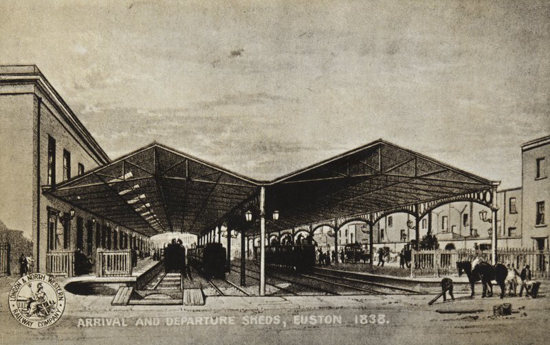 Cobertizos de Llegada y Salida, Euston 1838 de English School
