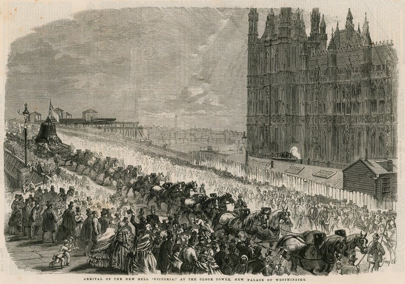 Llegada de la nueva campana Victoria a la Torre del Reloj, nuevo Palacio de Westminster de English School