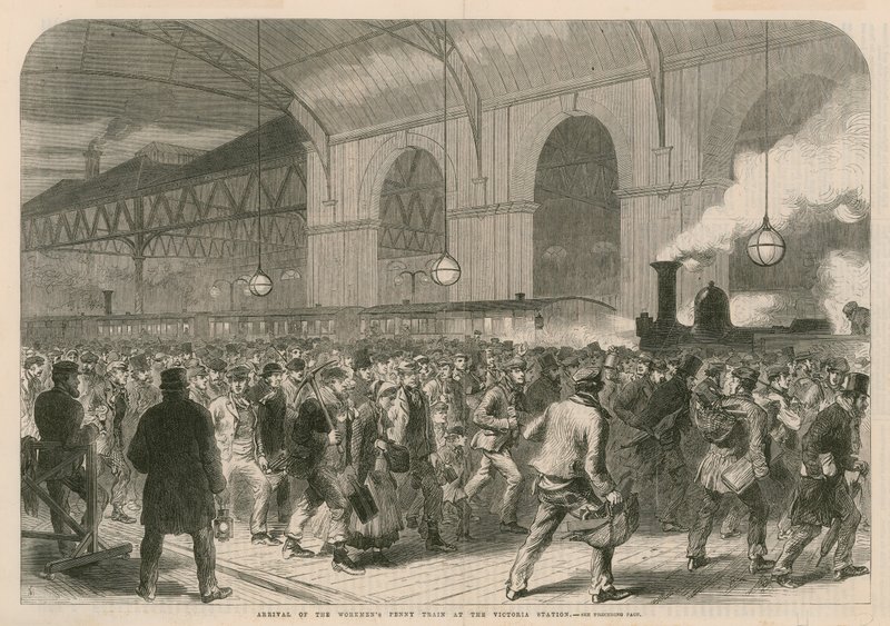Llegada del tren de un centavo de los trabajadores a la Estación Victoria de English School