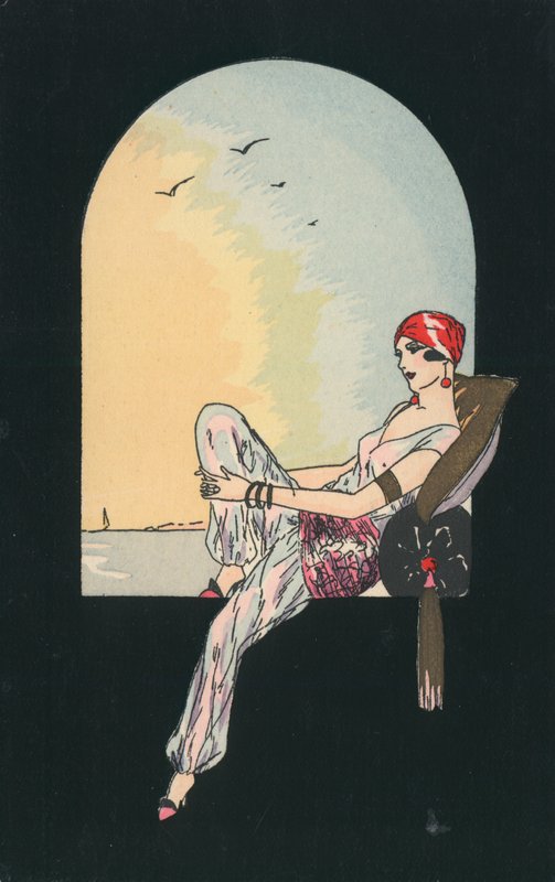 Imagen Art Deco de una mujer reclinada en un asiento de ventana de English School