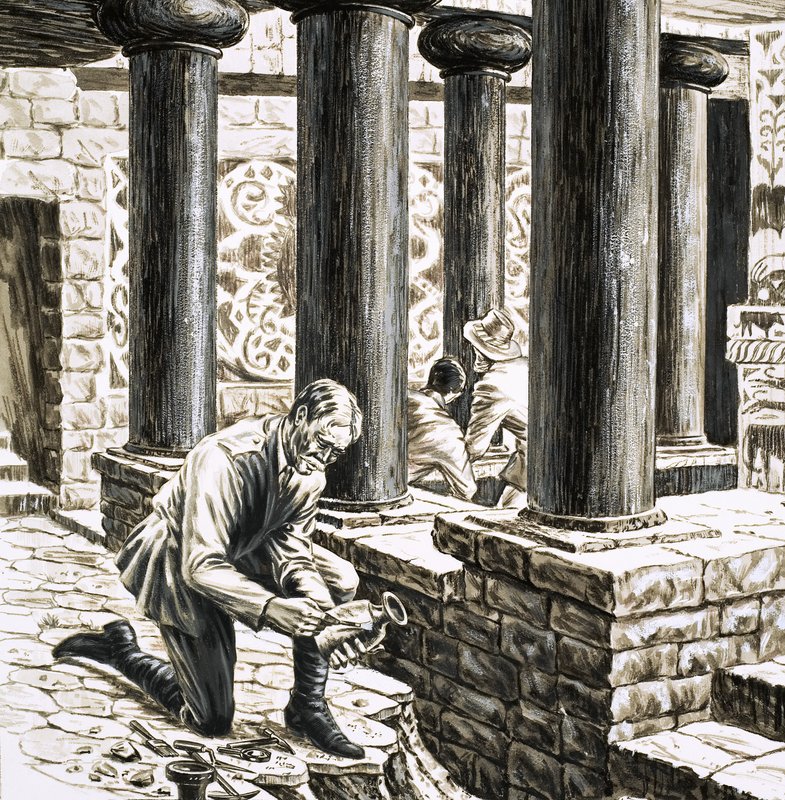 Arthur Evans explorando los restos del antiguo palacio minoico en Knossos de English School