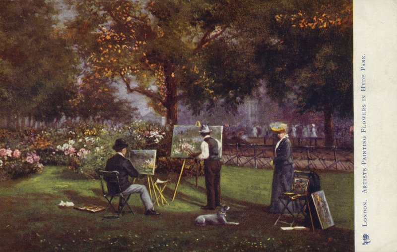 Artistas pintando flores en Hyde Park, Londres de English School
