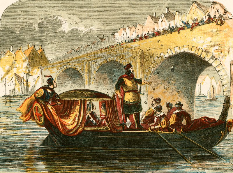 Intento de hundir la barcaza de Leonor, reina de Enrique III, en el puente de Londres de English School