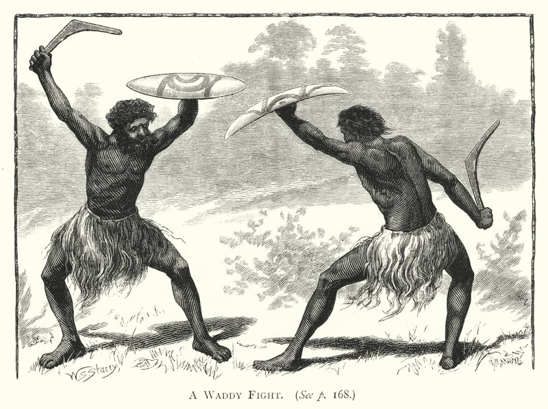 Australia: A Waddy Fight (grabado) de English School