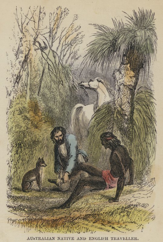 Nativo Australiano y Viajero Inglés (grabado coloreado) de English School