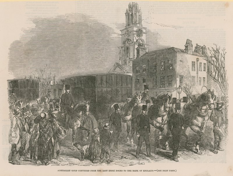 Oro australiano transportado desde los muelles de East India al Banco de Inglaterra de English School