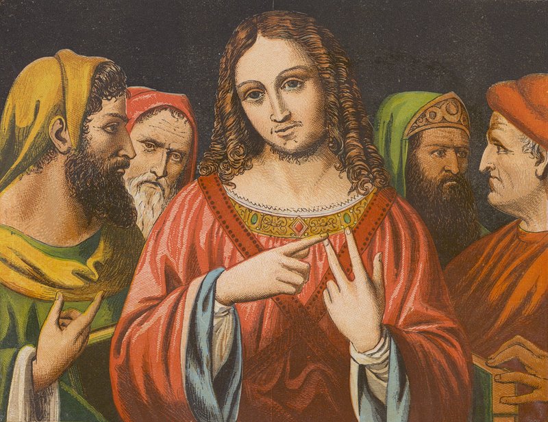 Autoridad de Jesucristo cuestionada en el Templo (litografía en color) de English School