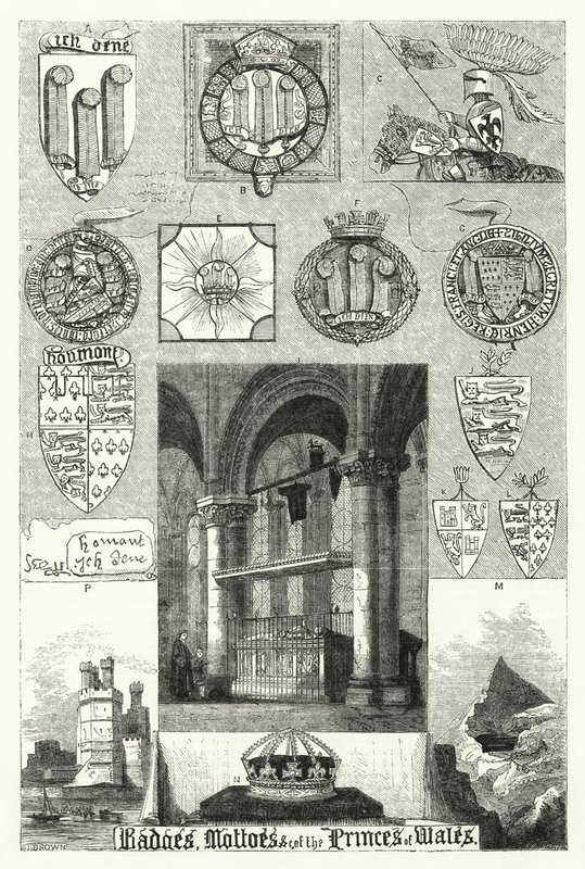 Insignias, lemas, etc. de los Príncipes de Gales (grabado) de English School