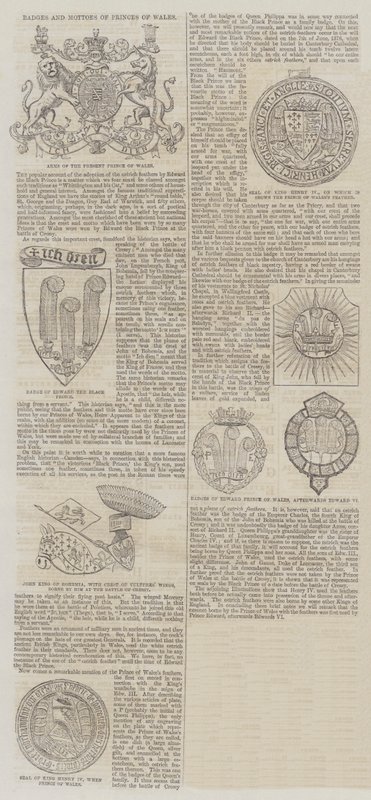 Insignias y lemas de los Príncipes de Gales (grabado) de English School
