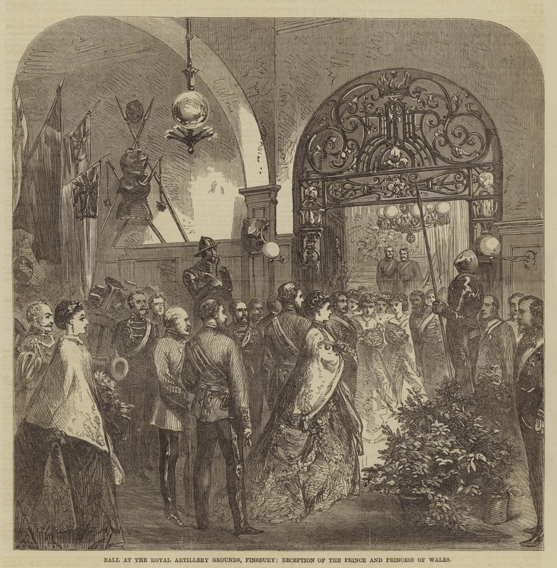Baile en los terrenos de la Artillería Real, Finsbury, recepción del Príncipe y la Princesa de Gales (grabado) de English School
